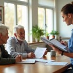 elderly couple talking to care staff