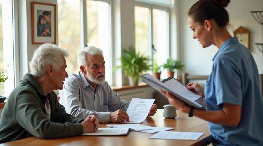 elderly couple talking to care staff