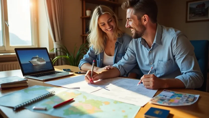 couple planning cruise vacation using travel checklist