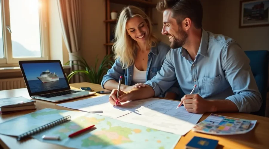 couple planning cruise vacation using travel checklist