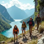 friends enjoying outdoor adventure activities in scenic natural environment