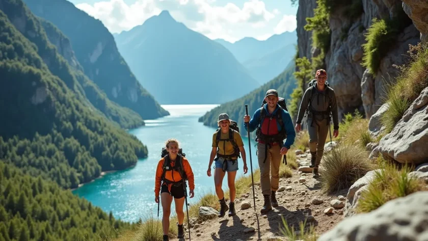 friends enjoying outdoor adventure activities in scenic natural environment
