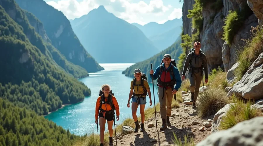 friends enjoying outdoor adventure activities in scenic natural environment