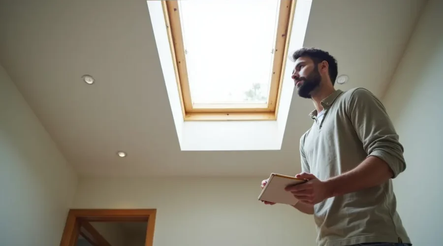 homeowner identifying common signs that skylight repair may be needed